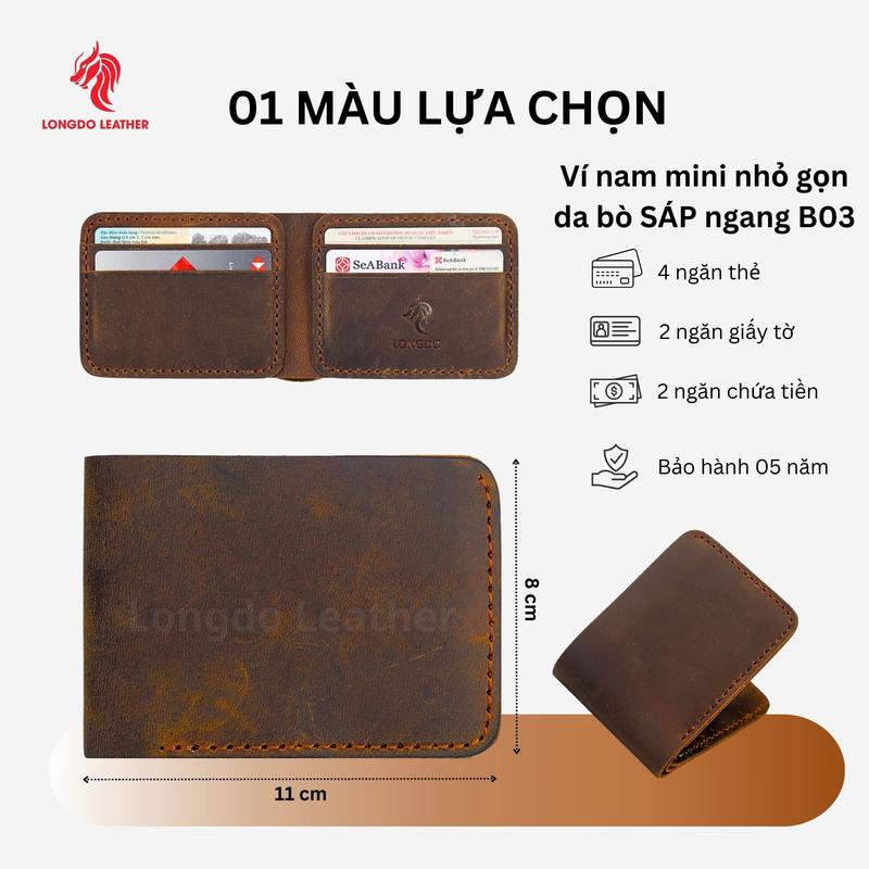 Ví nam da bò sáp mini Không để được giấy tờ cũ thương hiệu Longdo Leather - B03 Wallet
