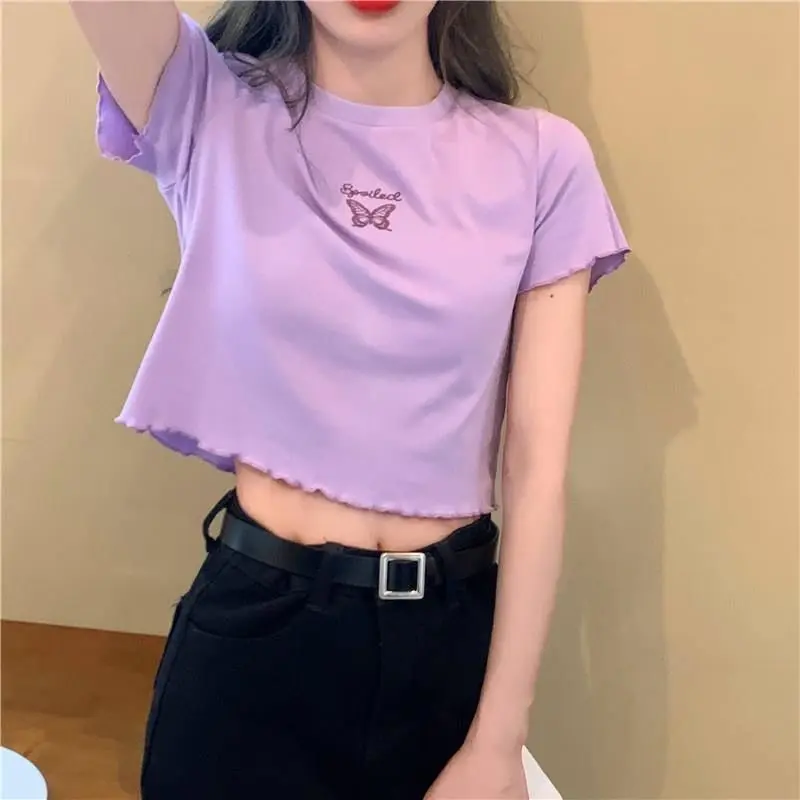 Áo Thun Cropped Cạp Cao Mùa Hè, Dành Cho Nữ, Dáng Ôm, Bó Sát, Dễ Phối Đồ, Thêu Hình Bướm, Áo ngắn Tay Áo, Hàng Mới Về Năm 2024, Thích Hợp Cho Phụ Nữ