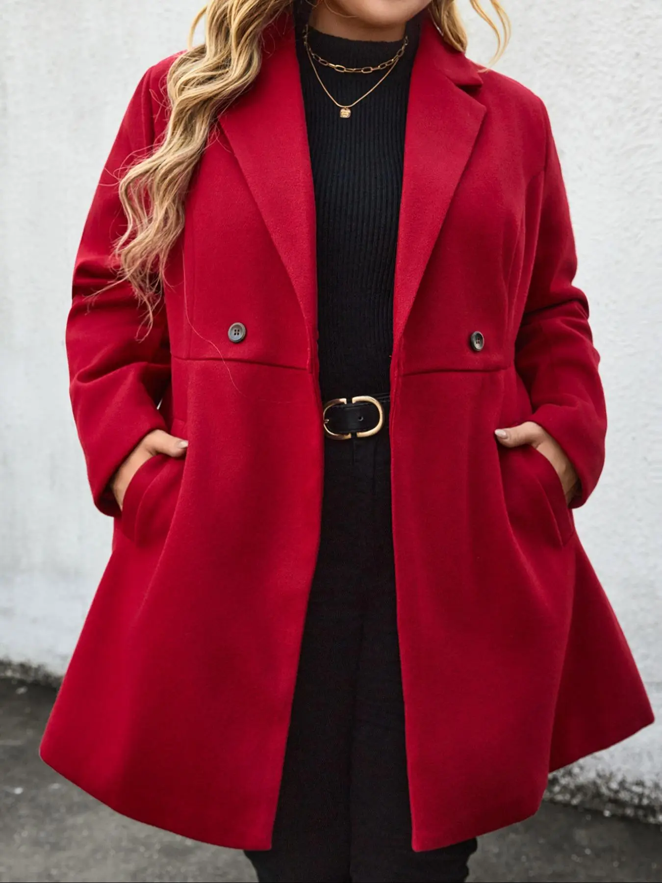 【Plus Size】 Solid Double Button Pocket Pea Coat, Casual Long Sleeve Lapel Neckline Coat for Fall & Winter, Women's Clothes for Daily Wear
