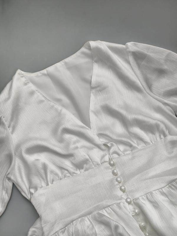 Women's Plain Fake Buttons Split Thigh A Line Dress, Elegant Puff Sleeve Deep V Neck Long Dress for Party Holiday Wedding Guest, Ladies Summer Clothes 5