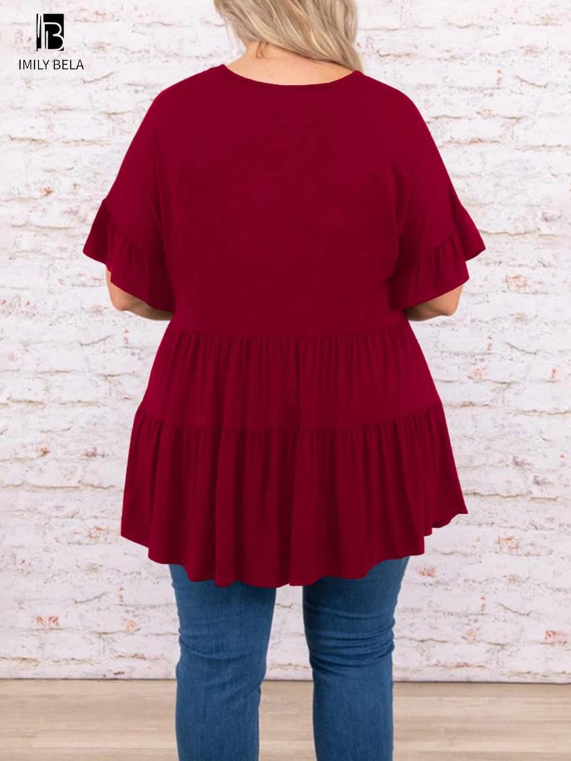 Product Introduction of 【Plus Size】 Solid V Neck Tee, Casual Short Sleeve T-shirt for Summer, Women's Clothing for Daily Wear 6