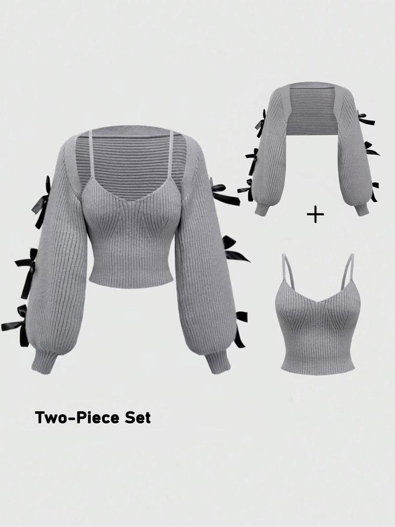 Product Introduction of Women's Solid Ribbed Cami Top & Bow Decor Long Sleeve Crop Cardigan Two-Piece Set, Casual Fashion Knitwear Set for Daily Outdoor Wear, Women Knitwear for Spring & Fall 1