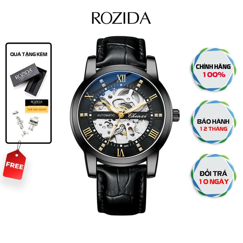 Đồng hồ lộ cơ nam dây da chính hãng đẹp DH-60 Đeo Tay phong cách thời trang doanh nhân chống nước được tặng bộ khóa kép bảo hành máy 12 tháng đồng hồ