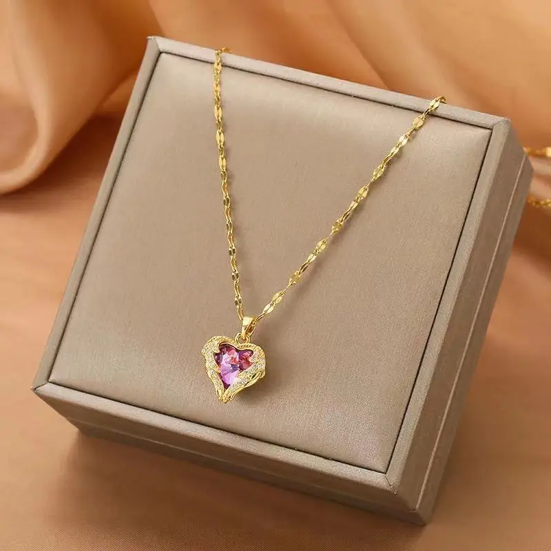 45.Kalung Titanium Wanita Model Love Ungu Anti Luntur Dan Anti Karat Simpel Elegan Korean Style Aksesoris Perempuan Harian Mewah Perhiasan Cewek Korea Terbaru choker rose gold 2