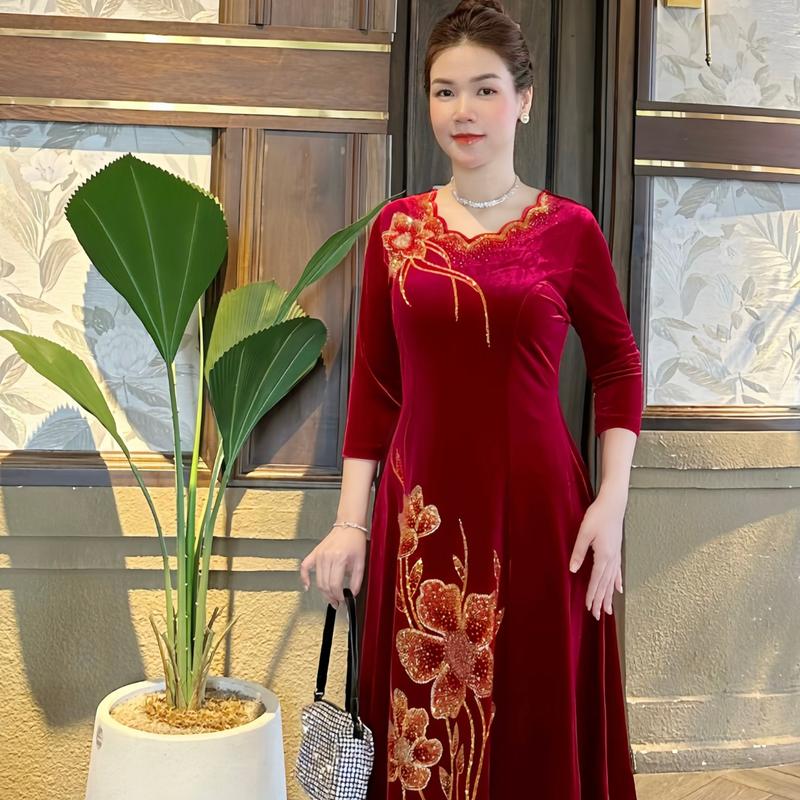 M684 Đầm nhung cổ lượn sóng ,tay lỡ , ép đá cao cấp Váy Nữ Women Xanh Rêu Dress Cổ Tròn Màu Đỏ