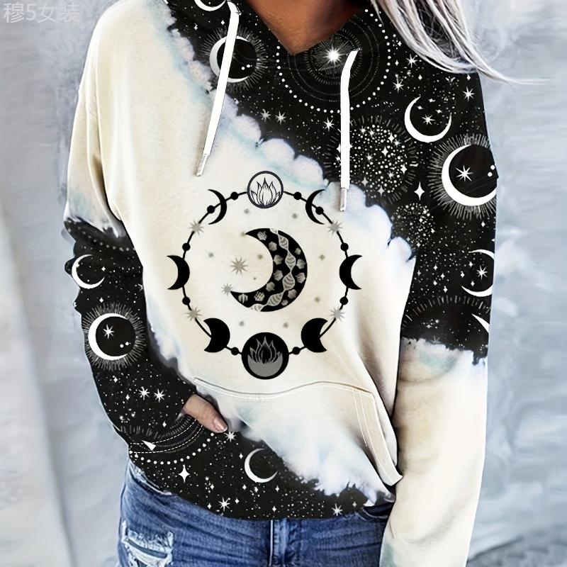 TikTok Shop Fashionable Moon Star Print Hoodie Color Block Design with Adjustable Drawstring Hood Roomy Kangaroo Pocket and Long Sleeves Super Soft Womens Casual Sweatshirt Fabric Womenswear Collar To...