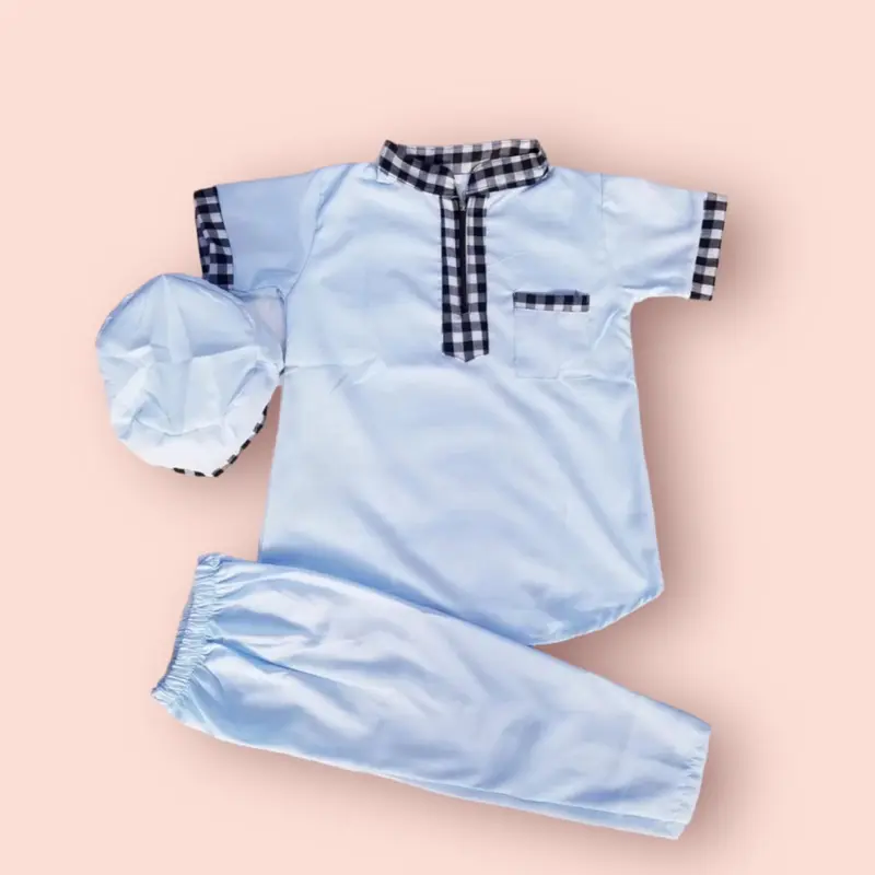 Setelan Baju Koko Anak 1-10 Tahun New Pakaian Muslim Cowok Motif List Kotak Turki Plus Peci Nyaman 1
