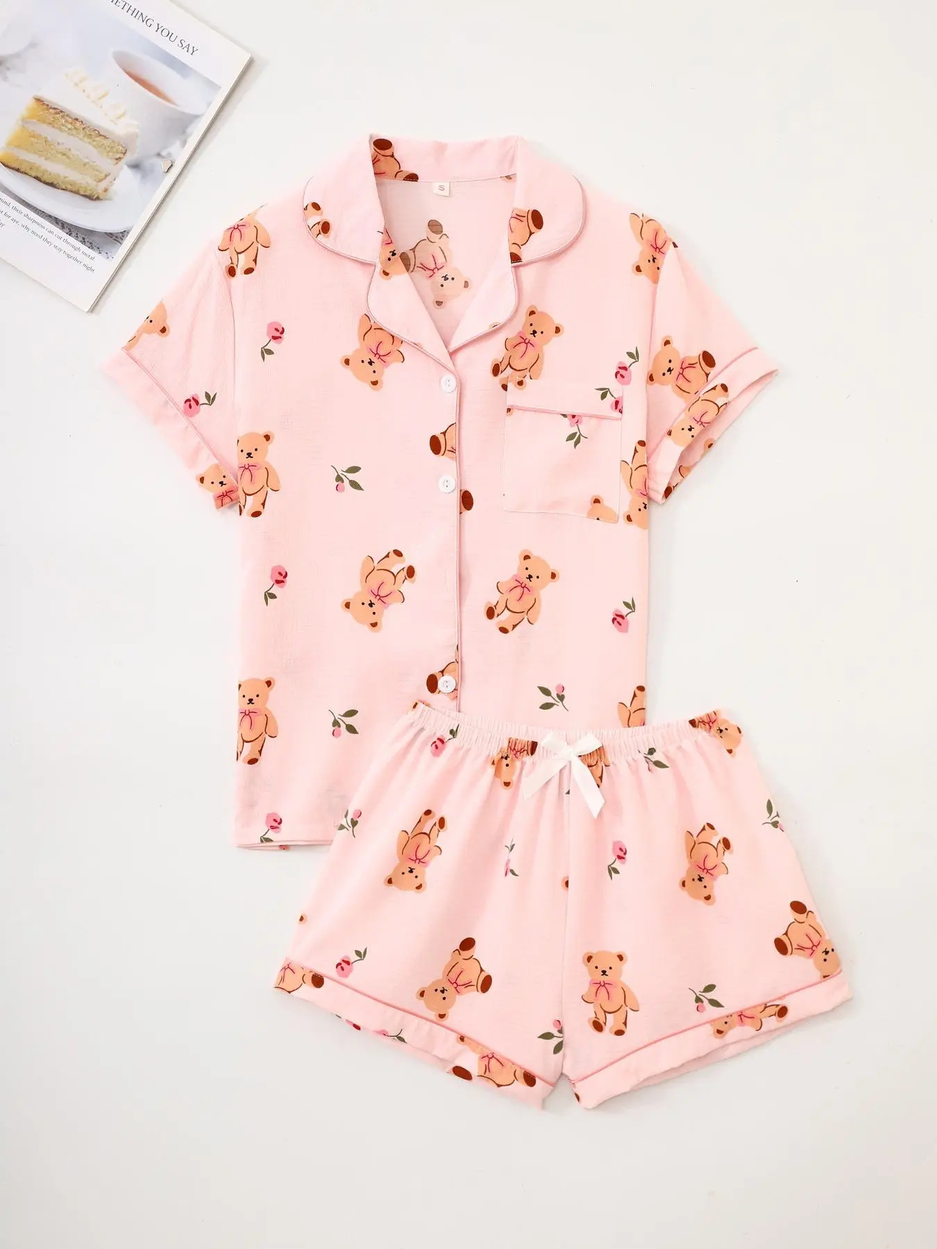 Women's Cartoon Bear Print Lapel Neck Shirt & Shorts Pyjama Two-piece Set, Casual Comfy Short Sleeve Collared Top & Shorts PJ Set, Ladies Summer Sleepwear, Loungewear