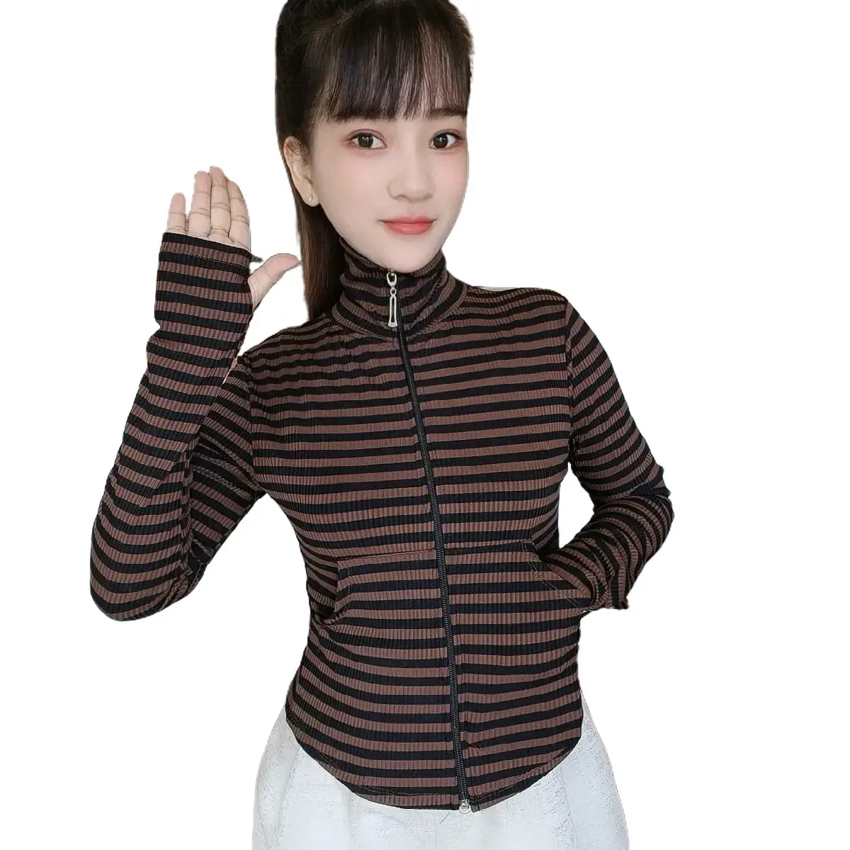 Áo khoác thun gân sọc,cổ lọ, tay sỏ ngón,2 túi trước
