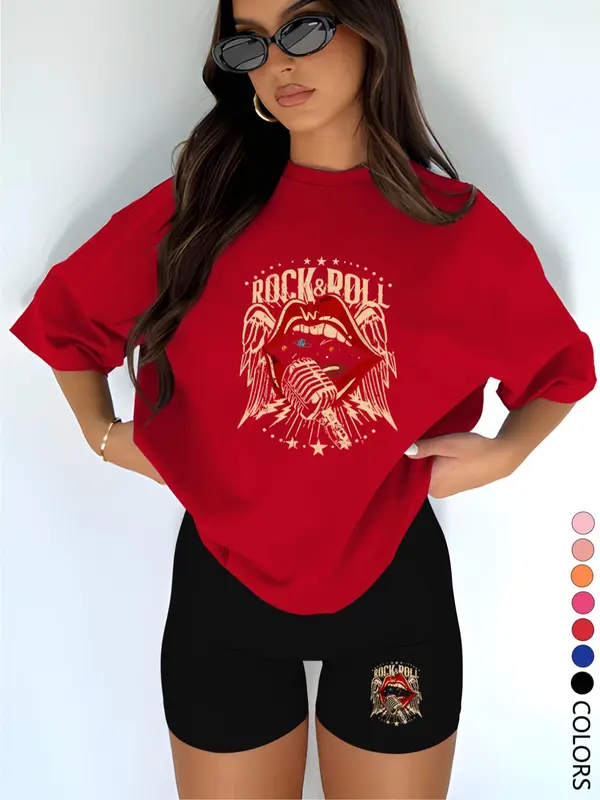 Two-piece Set Women's Letter Print Short Sleeve Tee & Skinny Shorts, Casual Round Neck T-shirt & Short Leggings, Ladies Clothes for Daily Wear, Suits, Womenswear, Matching Outfits, Outfit Sets Women 6