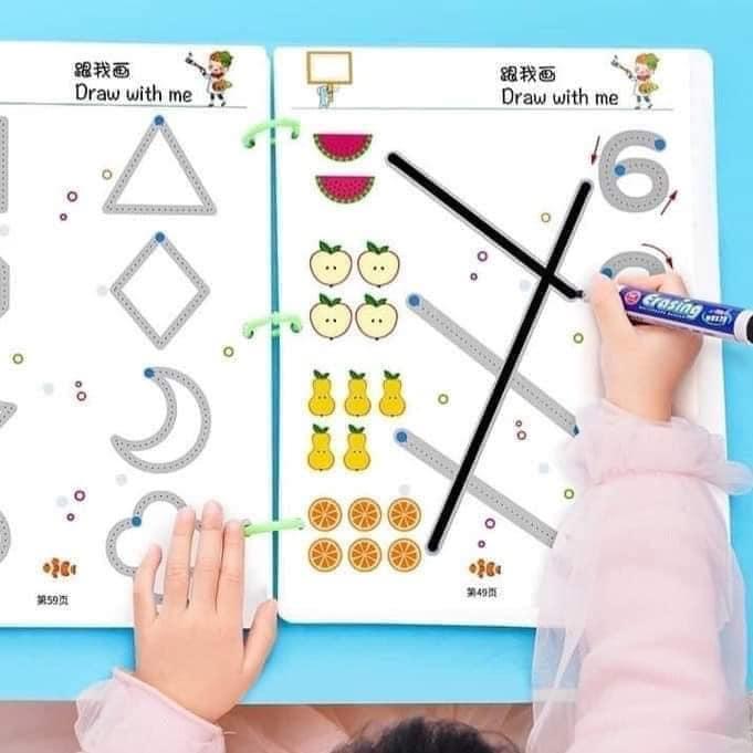 Bộ đồ chơi tập tô vẽ cho bé 64 trang (Tặng kèm 6 bút và bông lau )viết xoá được nhiều lần cho bé 3 4 4 5 tuổi luyện nét