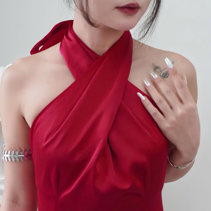 Váy Tiểu Thư Dáng Dài 2 Lớp Thắt Nơ SilkChic 361 Đầm Lụa Dự Tiệc Hở Lưng Cổ Chéo Sang Trọng Nữ Women Dress 6