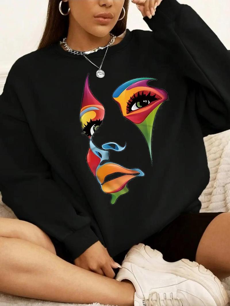 Product Introduction of 【Plus Size】Woman's Face Print Crew Neck Drop Shoulder Sweatshirt, Casual Trendy Long Sleeve Plus Pullover for Fall & Winter, Women's Clothes for Daily Wear 1