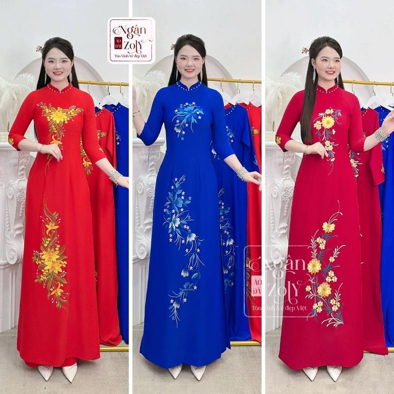 BST Áo dài nữ Lụa Mỹ thêu hoa thủ công cao cấp