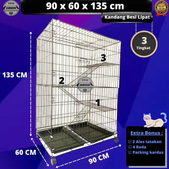 KANDANG KUCING UKURAN 90X60X135CM 3 TINGKAT BESI LIPAT TEBAL - Hitam