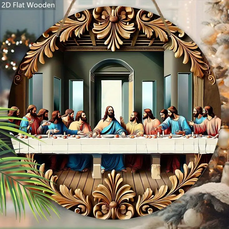 The Last Supper Themed Wooden Sign, 1 Count 2D Flat Print Of Decorative Wall Hanging Plaque, Multipurpose Round Hanging Ornament for Home Decor 4