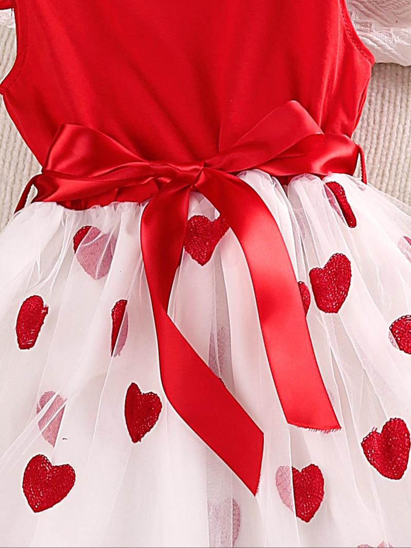Product Introduction of Girl's Heart Print Bow Front Lettuce Trim Knee Length Dress, Cute Butterfly Cap Sleeve Ruffle A Line Dress for Party Holiday Wedding Guest, Kids Summer Clothes 4