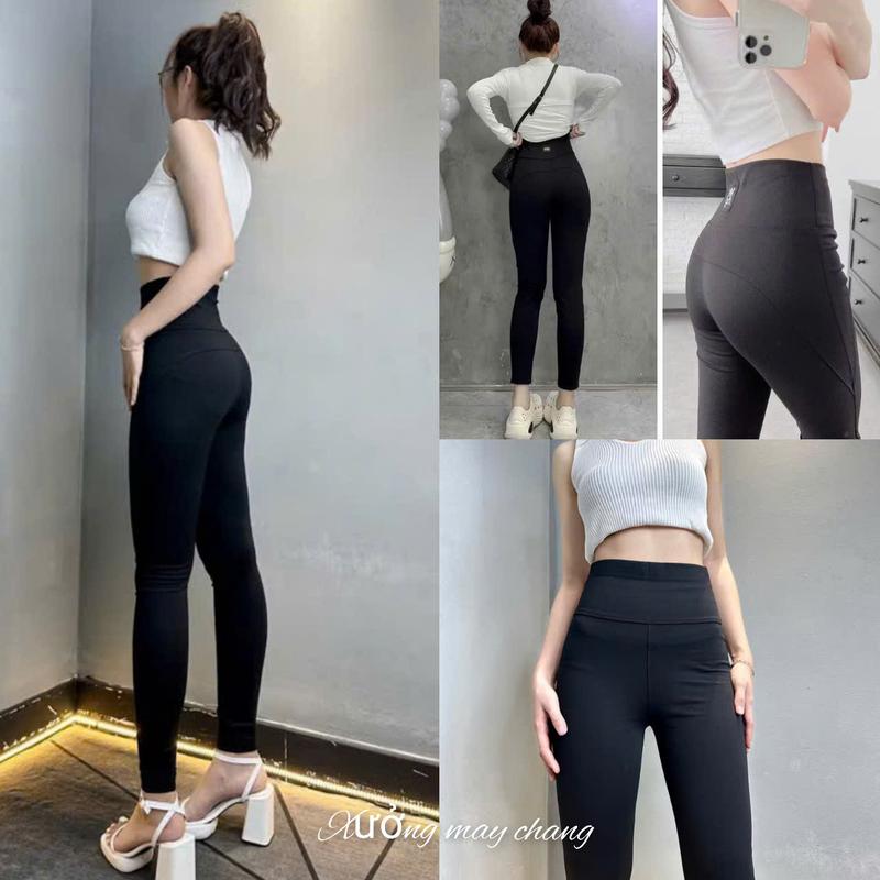 Quần Legging Đen Cạp Cao nữ thêu logo sau chất Umi Hàn dày dặn co giãn tốt loại Đẹp xịn dáng ôm quần legging dài gen bụng Đi học làm công sở