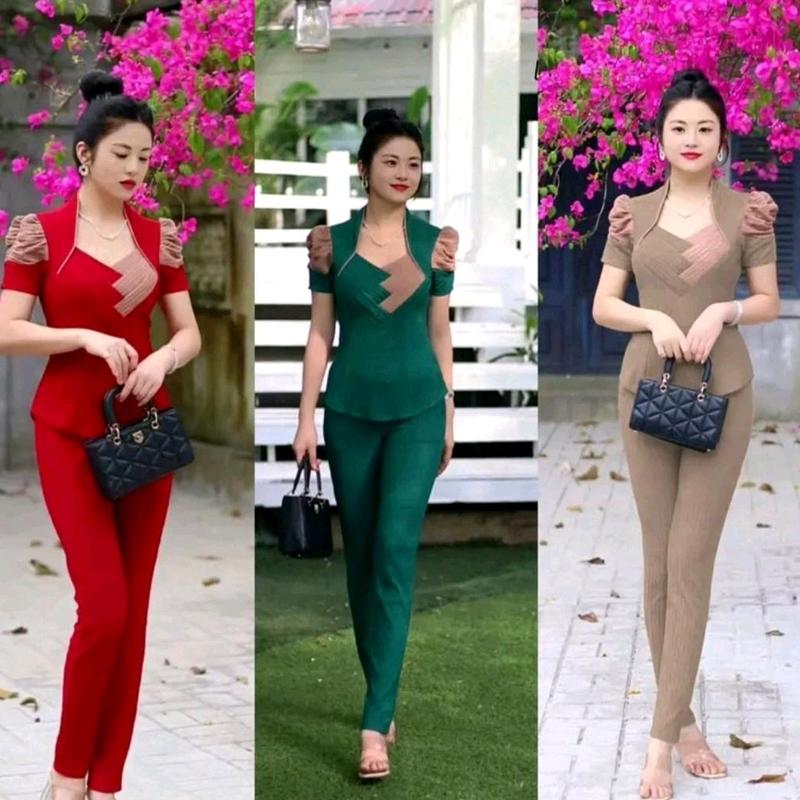 set bộ quần dài áo xếp ly tay phồng size 40-70kg vải thun xốp  Women 0