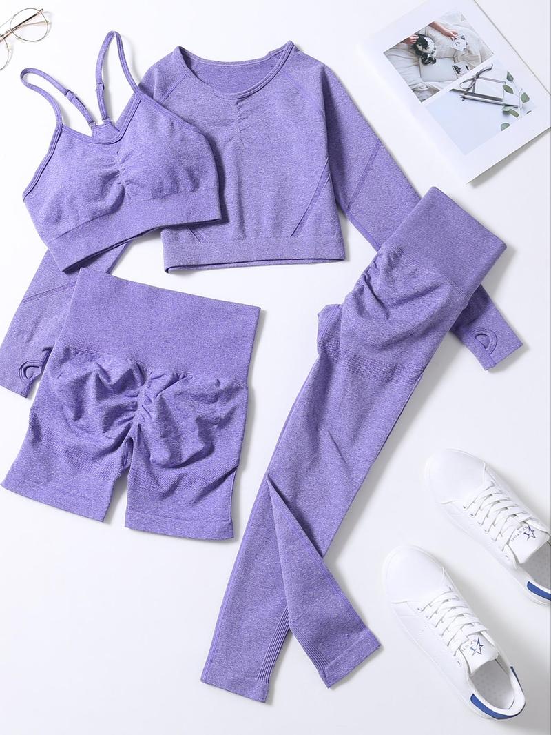 Product Introduction of Women's Solid Sports Bra & High Waist Leggings & Raglan Sleeve Crop Tee & Shorts Tracksuit Set, Sporty Breathable Adjustable Strap Sports Bra & High Stretch Yoga Leggings & Top & Shorts, Ladies Sportswear for Indoor Outdoor Wear, Gym Sets for Women 4