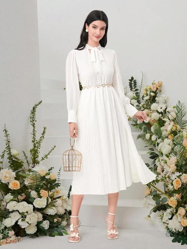 Women's Plain Pleated Tie Front Split A Line Dress Without Belt, Elegant Bishop Sleeve Tie Neck Midi Dress for Party Wedding Guest, Ladies Summer Clothes 0