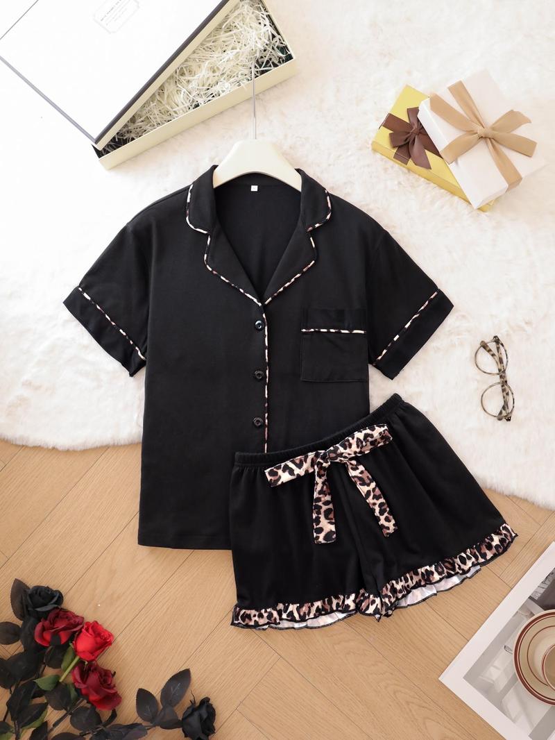 Product Introduction of Women's Leopard & All Over Print Button Pajama Set, Casual Comfy Short Sleeve Top & Shorts Pj Set, Ladies Summer Sleepwear 1