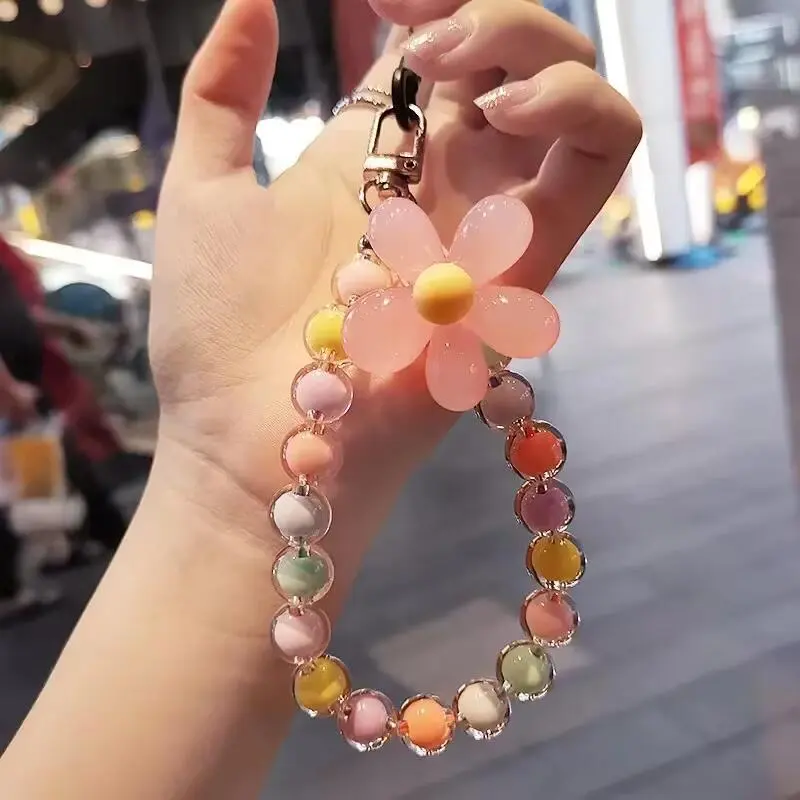 Ins aron Colorful Mobile Straps wer Beaded Pendant Keychain Creative Phone Chain for Iphone 11 12 13 14 15 Pro Max Flower Lanyard Charm Smartphone Cellphone