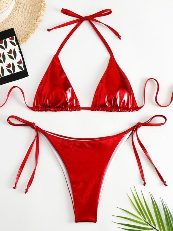 Two-Piece Set Women's Tie Back Halter Bikini Swimsuit, Glitter Fabric Triangle Bra & Tie Side Panty Swimwear for Beach Party Vacation, Women's Swimsuit Sets for Summer, Bathing Suits Bikini Set 2024 for Women 2