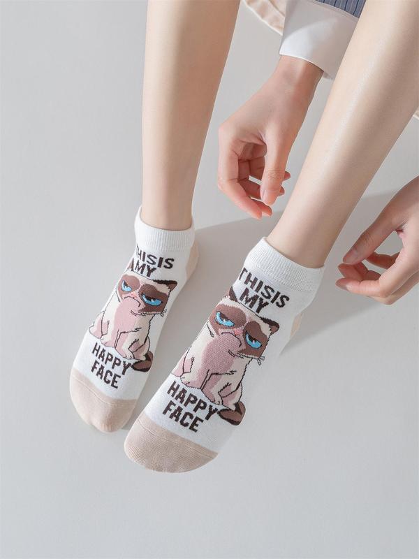 Women's 5 Pairs Cartoon Cat & Letter Print Colorblock Ankle Socks, Cute Comfortable Breathable Low Cut Socks for Daily Wear, Ladies Socks for Spring & Fall 7