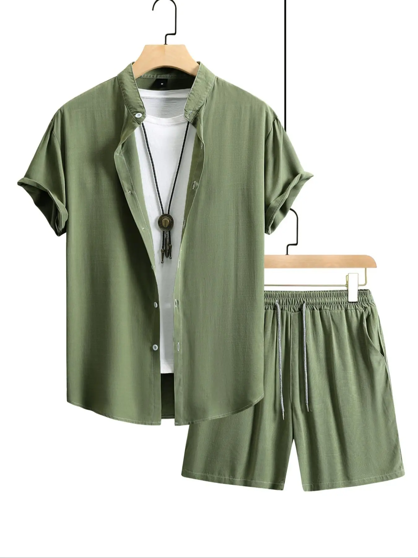 2 Counts Men's Button Front Drawstring Waist Two-Piece Set, Regular Fit Short Sleeve Top & Pocket Shorts, Two Piece Outfits for Summer Beach Holiday Vacation