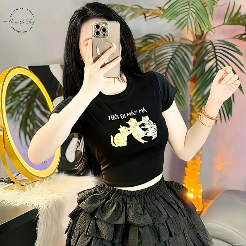 Áo Thun Croptop Thun Borip Form Basic Ôm Body In Hình Three Cat "Thôi Đi Mấy Má" Nữ Women Cổ Tròn Valentine 14/2 Dáng Ngắn 1