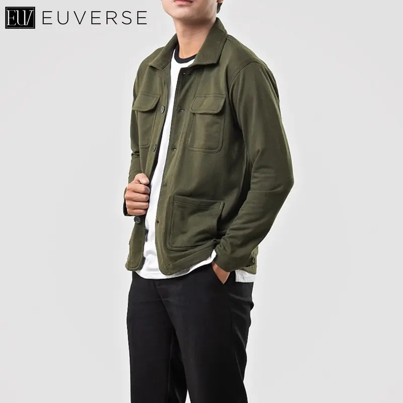 EUVERSE BUTTON UP JACKET | SHACKET JACKET FLEECE PRIA WANITA UNISEX ARMY GREEN BLACK KATUN BABY TERRY 1