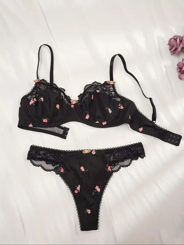 Women's Ditsy Floral Print Contrast Lace Bra & Panty Set, Floral Decor Adjustable Strap Bra & Knicker, Summer Wear 2024, Summer Clothes Women, Ladies Lingerie Set Valentine's Day, Underwear for Women 6