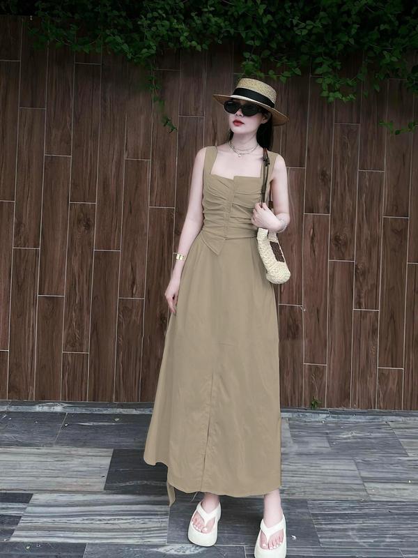 Sét Áo Sơ Mi Nữ Cộc Tay Sát Nách Kèm Chân Váy,Áo Hai Dây Kaki Đi Biển Dạo Phố,Chân Váy Nữ Dáng Suông Mịn Kaki Nâu,Đầm váy 2 dây cổ vuông chiết eo dáng xoè Váy hai dây dáng dài tiểu thư đi biển đi chơi S835 Kem Women Dress ống bo đễ thương bộ Top Ong