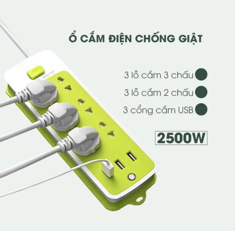 Ổ Cắm Điện Đa Năng Chống Giật Kèm 3 Cổng Usb Màu Xanh 7