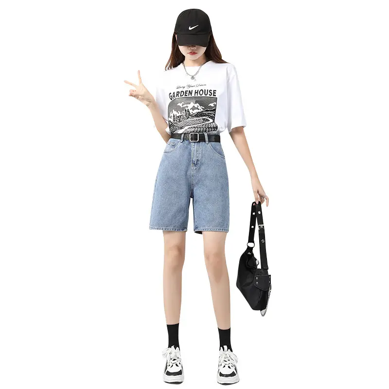Celana Kaki Lebar Longgar Baru Musim Panas Celana Pendek Denim Pinggang Tinggi Celana Lurus Baru Pelajar Slim-Fit Wanita/Q043