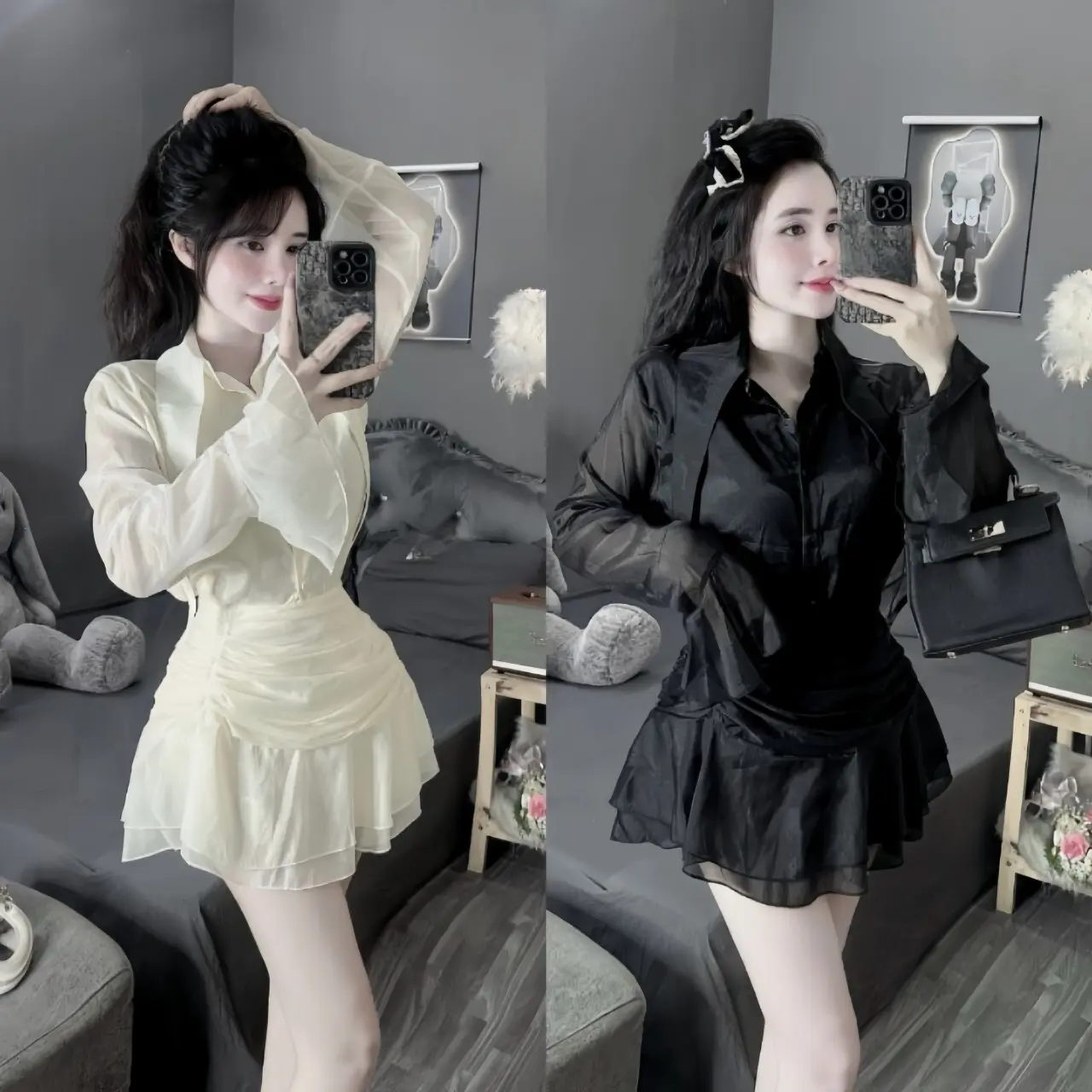 Set váy nữ voan tơ áo cổ bẻ phối dây tay dài ống loe cài nút nhật kèm chân váy ngắn sếp tầng đáng xèo xinh xắn dành cho các nàng diện đi chơi đi tiệc.  Women top