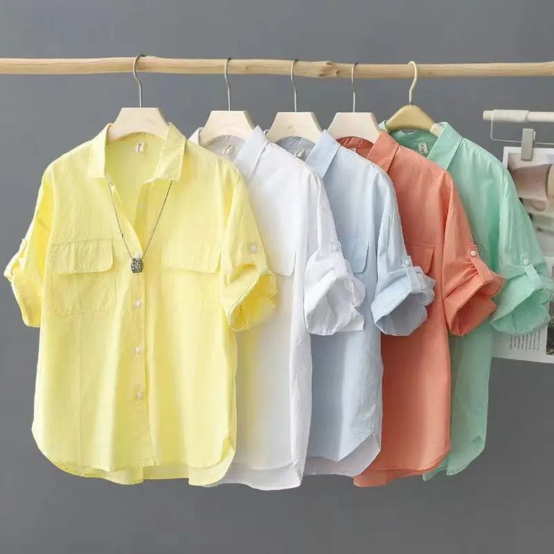 100% Cotton Short-Sleeved Solid Color Shirt for Women 2023 Summer New Outerwear Shirt Design Loose Thin Top Women