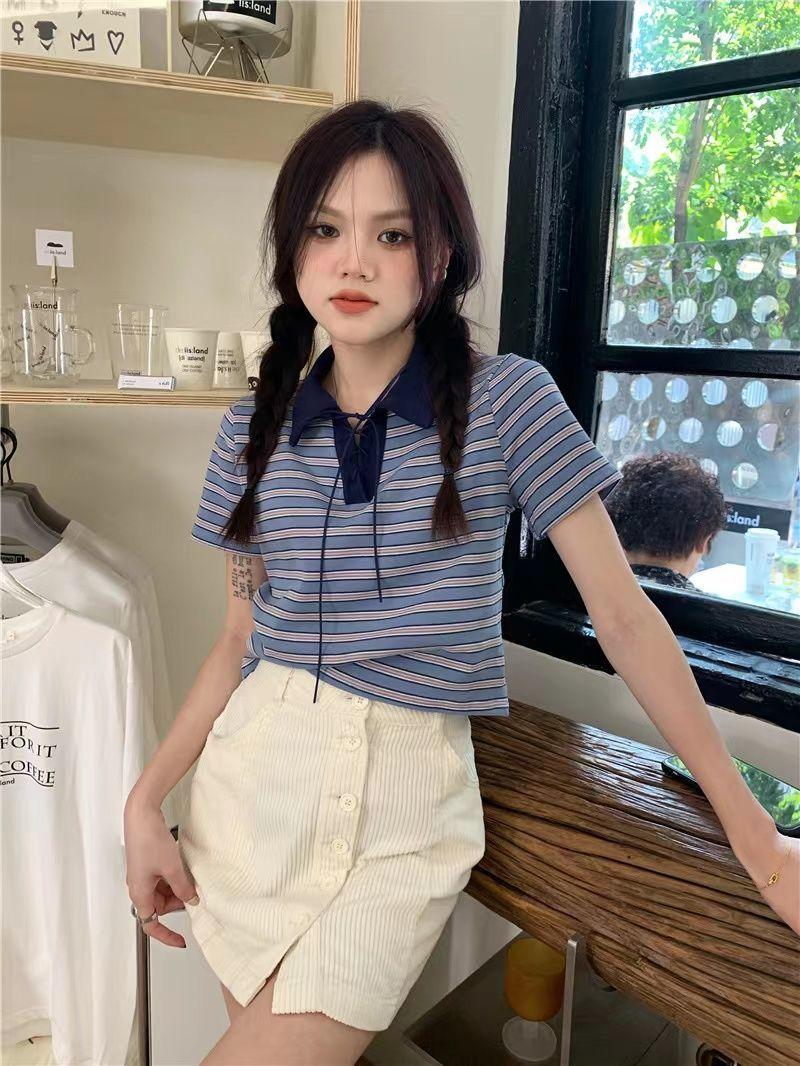 Product Introduction of Áo Thun Sọc, Cổ Polo Màu Tương Phản, Dành Cho Nữ, Phong Cách Cổ Điển Mùa Hè, Mỏng Vừa Vặn, Ngắn Tay, Áo Vai Ngắn, Bán Chạy 7