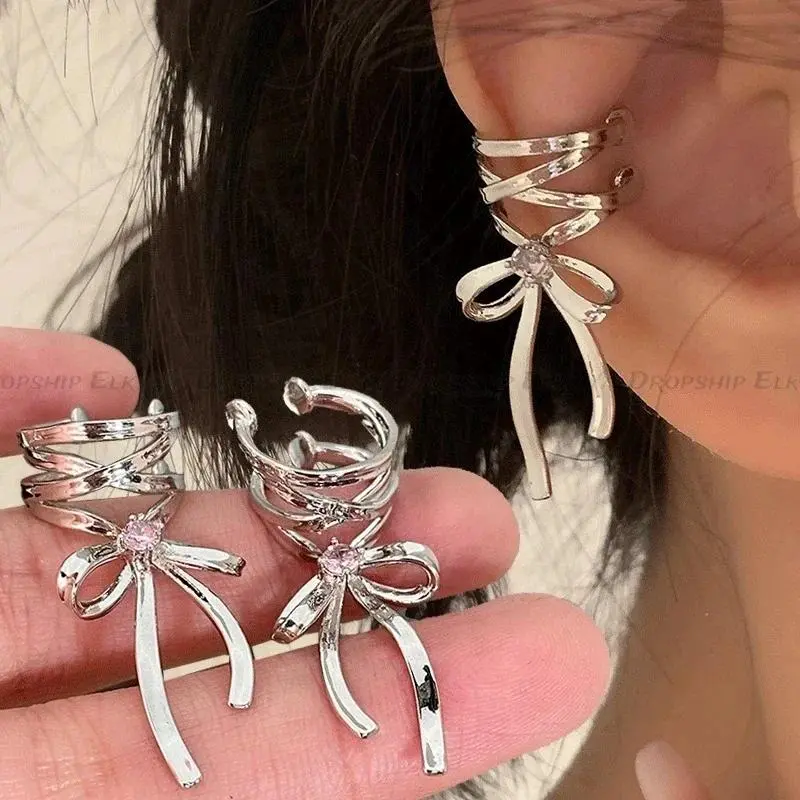 Silver Butterfly Early Cuff Earrings For Women Girls Fashion Bowknot No Piercing Clips Earring Fake Piercing Ballet Clip On Accessories