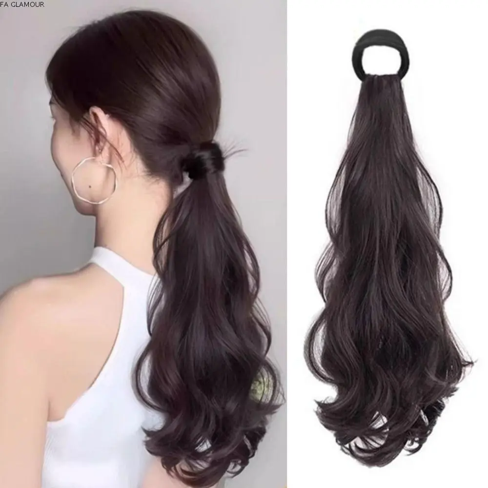 FA GLAMOUR Korean Style Low Tie Synthetic Wig Ponytail Lightly Natural Long Wavy Curly Ponytail Strap Hair Extension Pony Tail Hairpiece Daily use