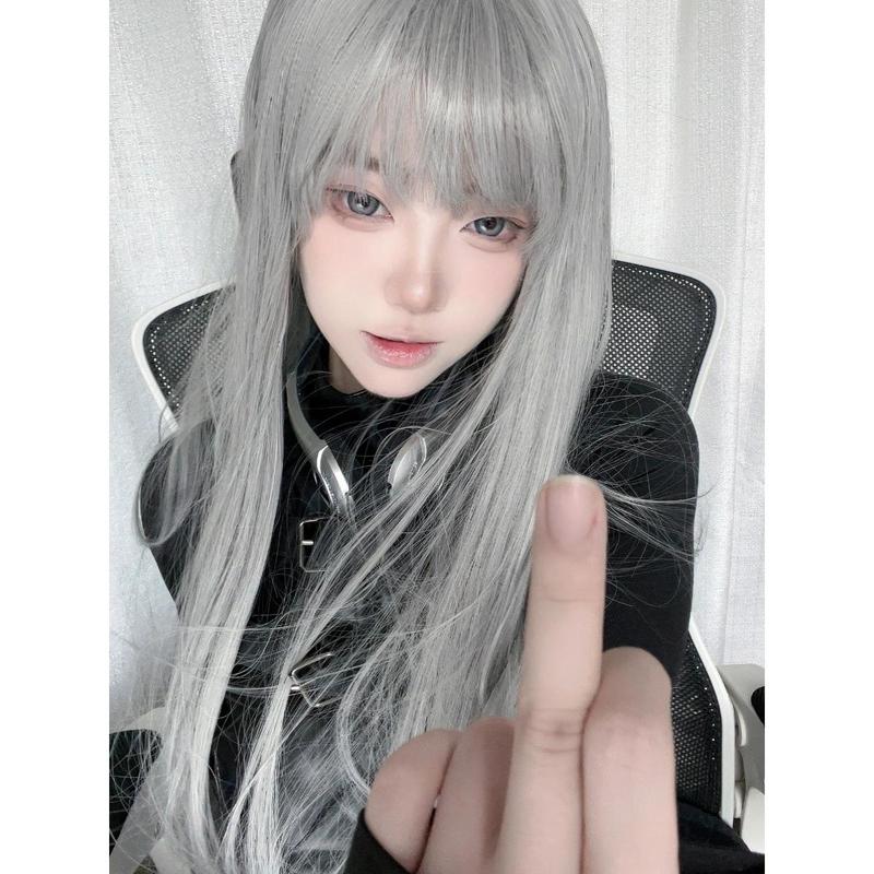 Wig Female Online Influencer Long Straight Hair Daily Gray Lolita Japanese Full-Head Wig JK Vigorous Sweet Cute Hair Cover 2