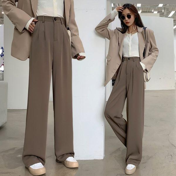 Quần Dài Âu, Màu Đen, Eo Co Giãn, Bó Sát, Phong Cách Thường Ngày Quần Mùa Hè, Dáng Rộng, Quần Ống Rộng, Cạp Cao Nữ, Thời Trang, thụng 8