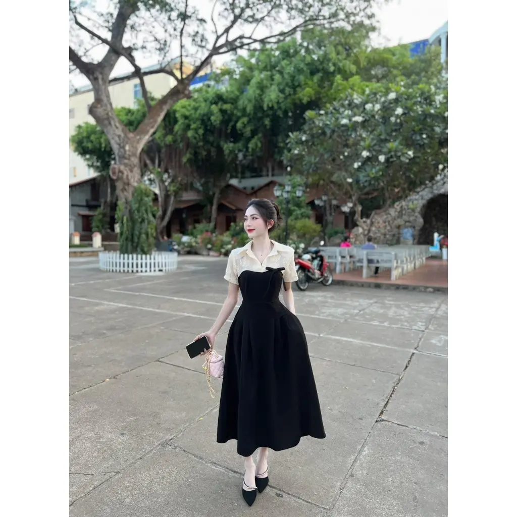 váy thiết kế cao cấp đen phối sơ mi màu kem họa tiết hoa ngắn tay kèm nơ ngực xinh đẹp phù hợp đi làm và đi chơi