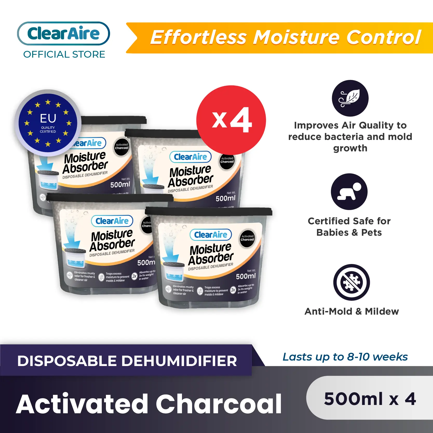 ClearAire Disposable Dehumidifier Activated Charcoal - Promo (500ml x 4) - Max Leather Protection Shoe Room Protection
