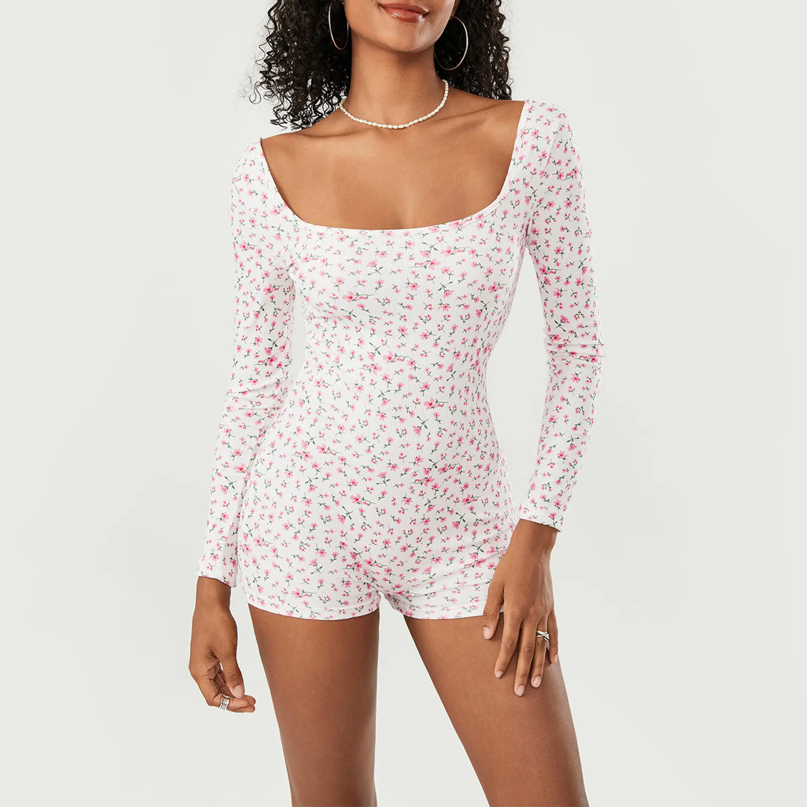Áo Jumpsuit Quần Ngắn Nữ, Sunrey, In Hoa, Thường Ngày, Cổ Vuông, Áo Thun Dài Tay, Áo Liền Quần, Bộ Quần Áo Áo Liền Quần, Thích Hợp Cho Trang Phục Đi Club