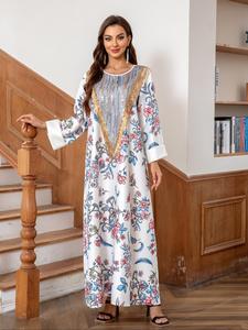 Women's Floral Print  Round Neck  Arabian Dress, Modest Elegant Long Sleeve Long Dress for Daily Wear, Ladies Islamic Clothing for All Seasons
