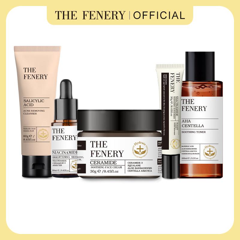 The Fenery 5pcs AHA Centella  Toner & Salicylic Acid Cleanser & Niacinamide Brightening Serum & Niacinamide Whitening Sunscreen & Ceramide Cream - Facial Wash Jerawat Ceramide Moisturizer Wajah Niacinamide Brightening Suncreen Serum Toner Wajah Pencerah 0