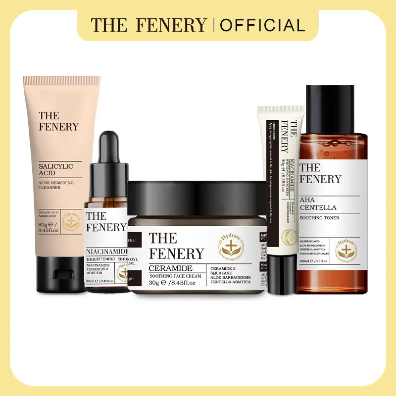 The Fenery 5pcs AHA Centella  Toner & Salicylic Acid Cleanser & Niacinamide Brightening Serum & Niacinamide Whitening Sunscreen & Ceramide Cream - Facial Wash Jerawat Ceramide Moisturizer Wajah Niacinamide Brightening Suncreen Serum Toner Wajah Pencerah 0