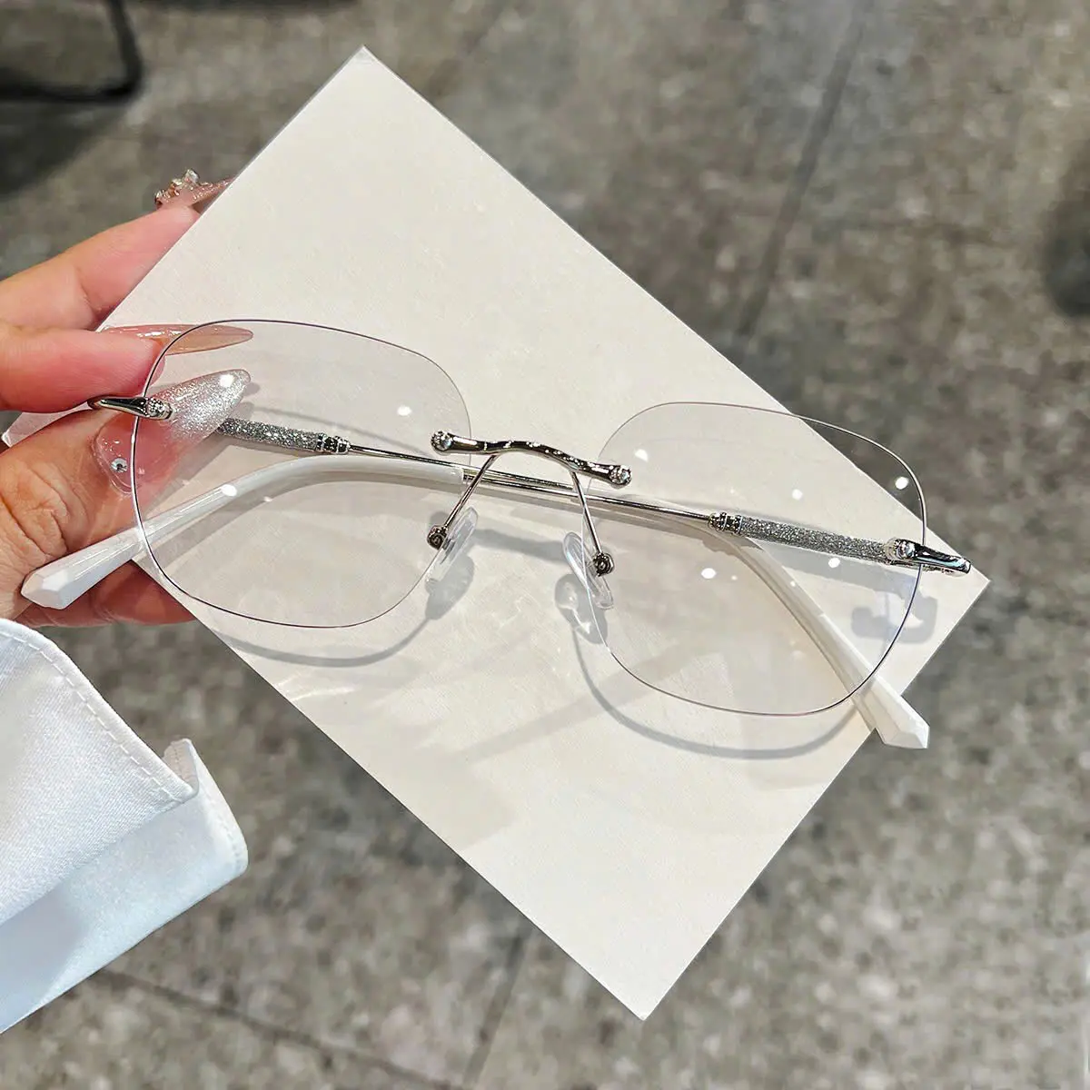 S58 Mắt Kính Mát Nữ Chống Nắng Gọng Kính Cận Kim Loại Nhũ Kim Tuyến Tròng Kính Mắt Không Viền Thời Trang